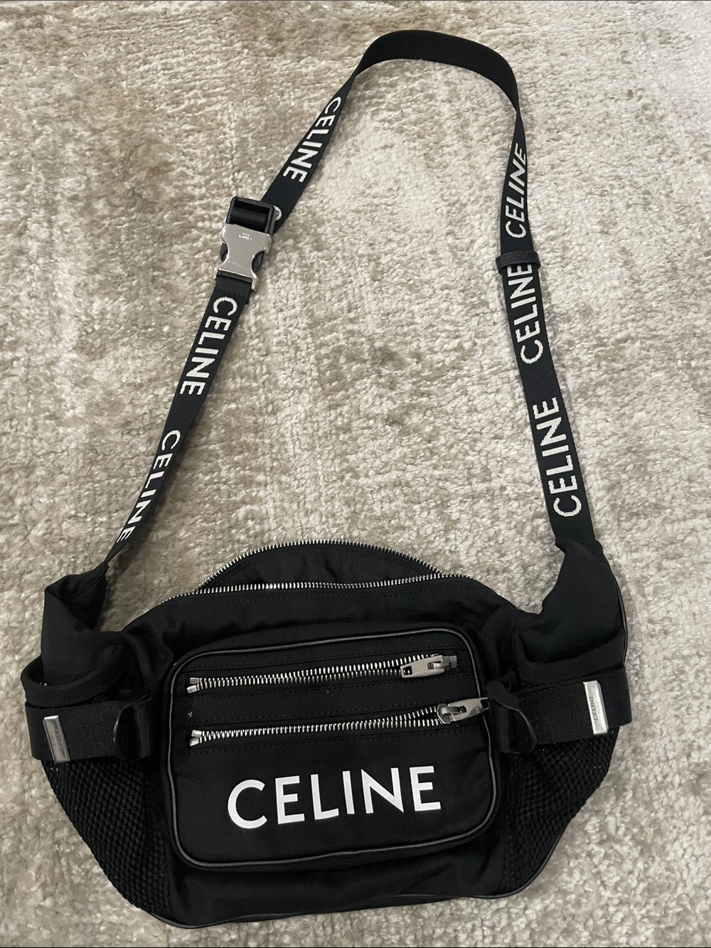 Celine Trekking Black Nylon Crossbody Belt Bag with White Logo Strap
